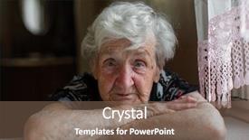  Presentation with elderly - Presentation design consisting of one sad happy face - portrait of an elderly woman background and a violet colored foreground