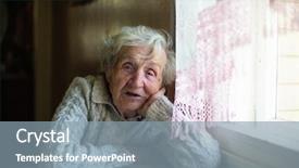  Presentation with pensioner - PPT theme enhanced with one sad happy face - portrait of an old elderly background and a mint green colored foreground