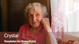  Presentation with elderly home - Amazing slide deck having one sad happy face - portrait of elderly woman sitting backdrop and a tawny brown colored foreground