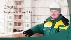  Presentation with foreman - Colorful slides enhanced with one smiley builder foreman at construction site in winter work wear and hard hat backdrop and a lemonade colored foreground