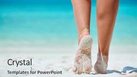  Presentation with white sand - PPT layouts having one step - woman walking on tropical white background and a light gray colored foreground