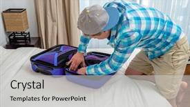  Presentation with tour and travel - PPT theme with one thing - guy packing clothes into travel background and a  colored foreground