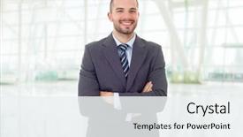  Presentation with office ergonomics man worker exercising - Cool new slides with one vision - happy business man portrait backdrop and a sky blue colored foreground