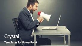  Presentation with dark room for interrogation - Beautiful theme featuring one voice - aggressive businessman screaming with megaphone backdrop and a tawny brown colored foreground