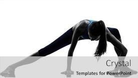  Presentation with stretching - Colorful presentation theme enhanced with one woman exercising yoga stretching legs warm up in silhouette studio isolated on white background backdrop and a light gray colored foreground