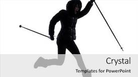  Presentation with hiking - PPT layouts having one woman in winter coat hiker hiking jumping happy silhouette on white background background and a light gray colored foreground