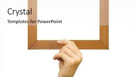  Presentation with framework - Theme with one wooden framework in hands isolated on white background background and a white colored foreground