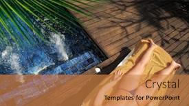  Presentation with hot tub - PPT theme consisting of one young adult woman in bikini sunbathing by private outdoor hot tub background and a coral colored foreground