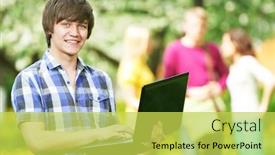  Presentation with young happy people smiling - Theme with one young smiling happy student with laptop in front of young people group at spring outdoors background and a yellow colored foreground