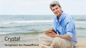  Presentation with seashore - Beautiful PPT theme featuring one young smiling man with tablet pc sittingon seashore backdrop and a soft green colored foreground
