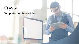  Presentation with toko online - PPT theme featuring onesource - businessman with touchpad consulting online background and a white colored foreground