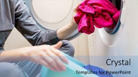  Presentation with clothes washing machine - Colorful presentation design enhanced with onesource - photo of female hands putting backdrop and a light blue colored foreground