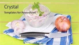  Presentation with onion - Audience pleasing slides consisting of onion cut with rings in bowl on wooden table close-up backdrop and a yellow colored foreground