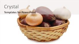  Presentation with green onions and bulb onion - Presentation theme featuring onions and garlic in a wattled basket background and a light gray colored foreground