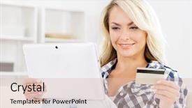  Presentation with credit card - Audience pleasing presentation design consisting of online auction - attractive blond woman backdrop and a  colored foreground