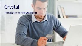  Presentation with credit card - Colorful slide deck enhanced with young male entering credit card information in his notebook backdrop and a gray colored foreground