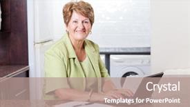  Presentation with ict modern laptop - Colorful presentation enhanced with online banking investment - modern senior woman using laptop backdrop and a  colored foreground