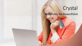  Presentation with credit card - Presentation design enhanced with online banking investment - smiling businesswoman with laptop background and a lemonade colored foreground