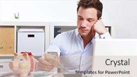  Presentation with piggy bank - Cool new PPT layouts with online banking investment - worried business man with money backdrop and a soft green colored foreground