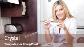  Presentation with blonde holding magnifying glass - Cool new PPT theme with online bills - attractive young blonde woman holding backdrop and a  colored foreground