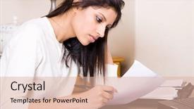  Presentation with women property finances - Cool new presentation with online bills - beautiful woman doing finances backdrop and a coral colored foreground