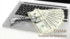  Presentation with money online - Colorful slide deck enhanced with online bills - money with glasses on laptop backdrop and a  colored foreground