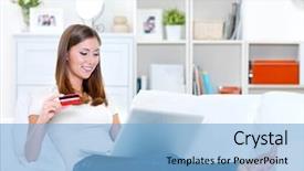  Presentation with credit card icon - Colorful PPT layouts enhanced with online bills - young beautiful woman holding credit backdrop and a light blue colored foreground