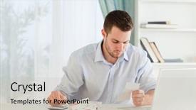  Presentation with hypertension in young - Amazing PPT theme having online bills - young businessman calculating his expenses backdrop and a soft green colored foreground