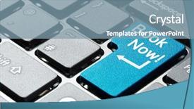  Presentation with now - Slide set having online booking - book now button on keyboard background and a seafoam green colored foreground