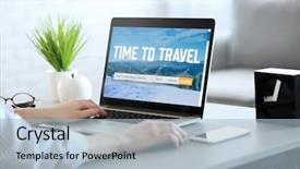  Presentation with online travel - Amazing slide deck having online booking - travel concept woman using laptop backdrop and a light blue colored foreground