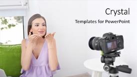  Presentation with recording - Slides having online broadcast air - young female blogger recording video background and a  colored foreground