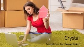  Presentation with moving - Slide deck with online classified - young beautiful woman moving background and a  colored foreground