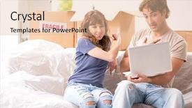  Presentation with moving up - Slide set consisting of online classified - young pair moving to new background and a  colored foreground