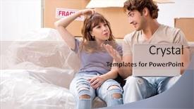  Presentation with pair - Slide deck featuring online classified - young pair moving to new background and a coral colored foreground