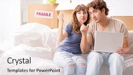  Presentation with moving libre - PPT theme with online classified - young pair moving to new background and a sky blue colored foreground