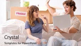  Presentation with pair - Presentation design with online classified - young pair moving to new background and a soft green colored foreground