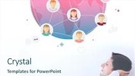  Presentation with community - Slide set with online community against telaxed businessman with hands behind head in office background and a sky blue colored foreground