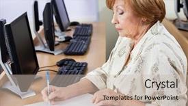  Presentation with writing notes - Beautiful slide deck featuring online courses - senior woman writing notes backdrop and a soft green colored foreground