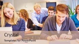  Presentation with helping - Slides with online courses - teacher helping a student background and a  colored foreground