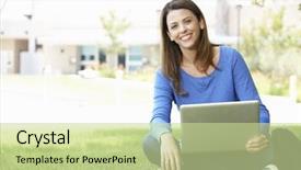  Presentation with luxury fashion outdoors - Beautiful PPT layouts featuring online courses - woman using laptop outdoors backdrop and a soft green colored foreground