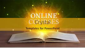  Presentation with educational - Audience pleasing presentation design consisting of online courses inscription coming out from an open book educational concept backdrop and a gold colored foreground