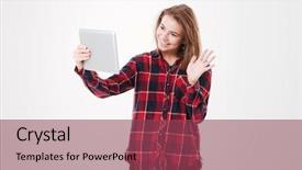  Presentation with online dating - Colorful slides enhanced with online dating - portrait of a young smiling backdrop and a violet colored foreground