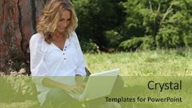  Presentation with dating - Colorful slides enhanced with online dating - woman laughing at her laptop backdrop and a yellow colored foreground