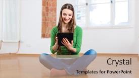  Presentation with online dating - PPT theme with online dating - young woman sitting background and a coral colored foreground