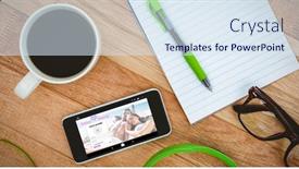  Presentation with online app - PPT layouts with online dating app against view of a business desk background and a sky blue colored foreground