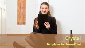  Presentation with online dating - Colorful PPT layouts enhanced with online dating - young businesswoman sitting at home on the floor while using a tablet computer for online dating backdrop and a coral colored foreground