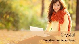  Presentation with fall foliage - Beautiful slides featuring online education - cute woman with laptop backdrop and a yellow colored foreground
