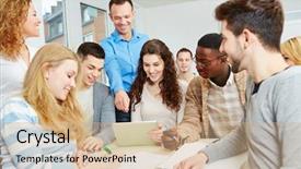  Presentation with university - Cool new slide set with online education - happy students learning with teacher backdrop and a coral colored foreground