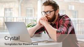  Presentation with photo - Slide deck with online education - photo of handsome bearded young background and a mint green colored foreground