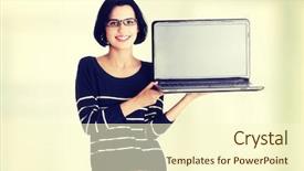  Presentation with laptop - Amazing theme having young woman listening music backdrop and a dark gray colored foreground